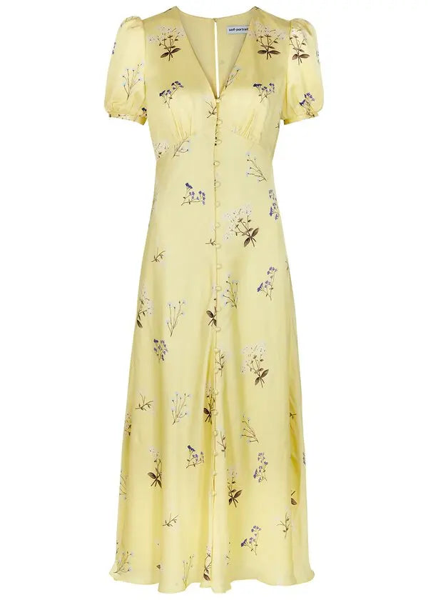 Floral-Print Satin Midi Dress - Yellow