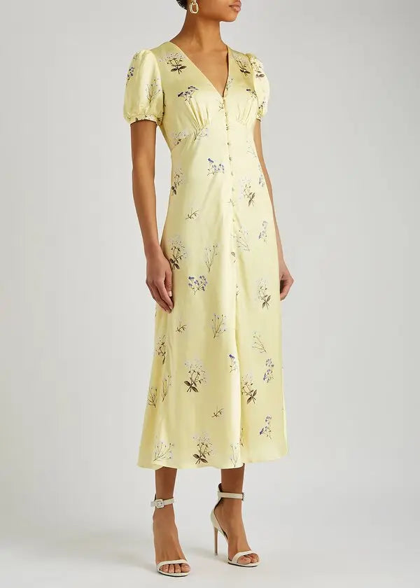 Floral-Print Satin Midi Dress - Yellow