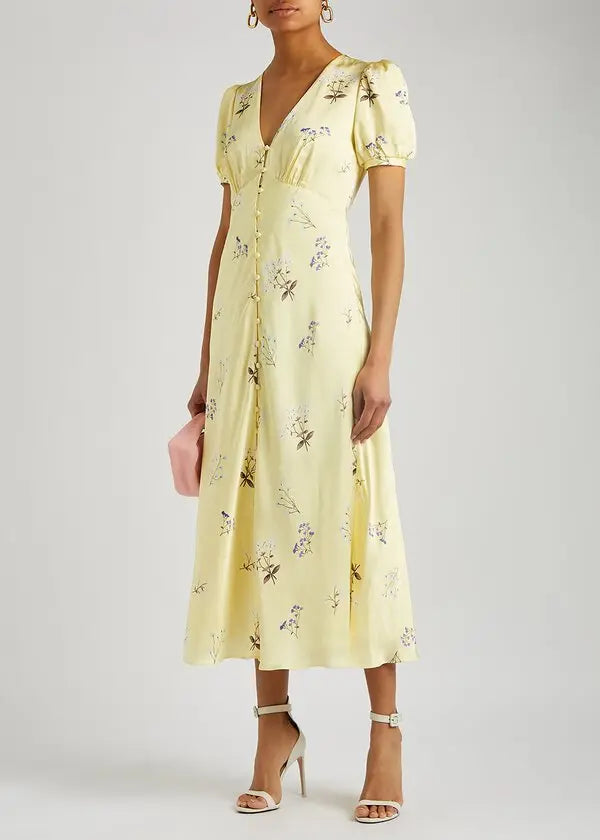 Floral-Print Satin Midi Dress - Yellow