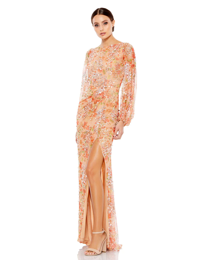 Mac Duggal - Apricot Sequined Floral Print Gown