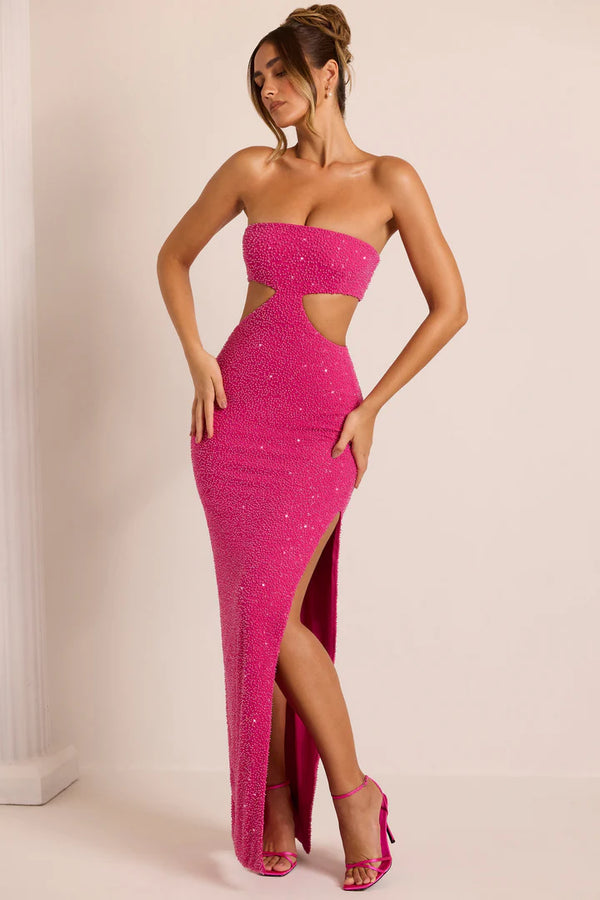 Oh POLLY - Embellished Cut Out Maxi Dress in Fuchsia
