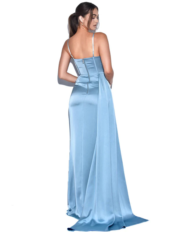 Miss Circle - Elayna Pale Blue Strappy Satin Corset High Slit Gown