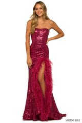 Sherri Hill - Strapless Sequin Gown with feather Embellished Skirt Slit