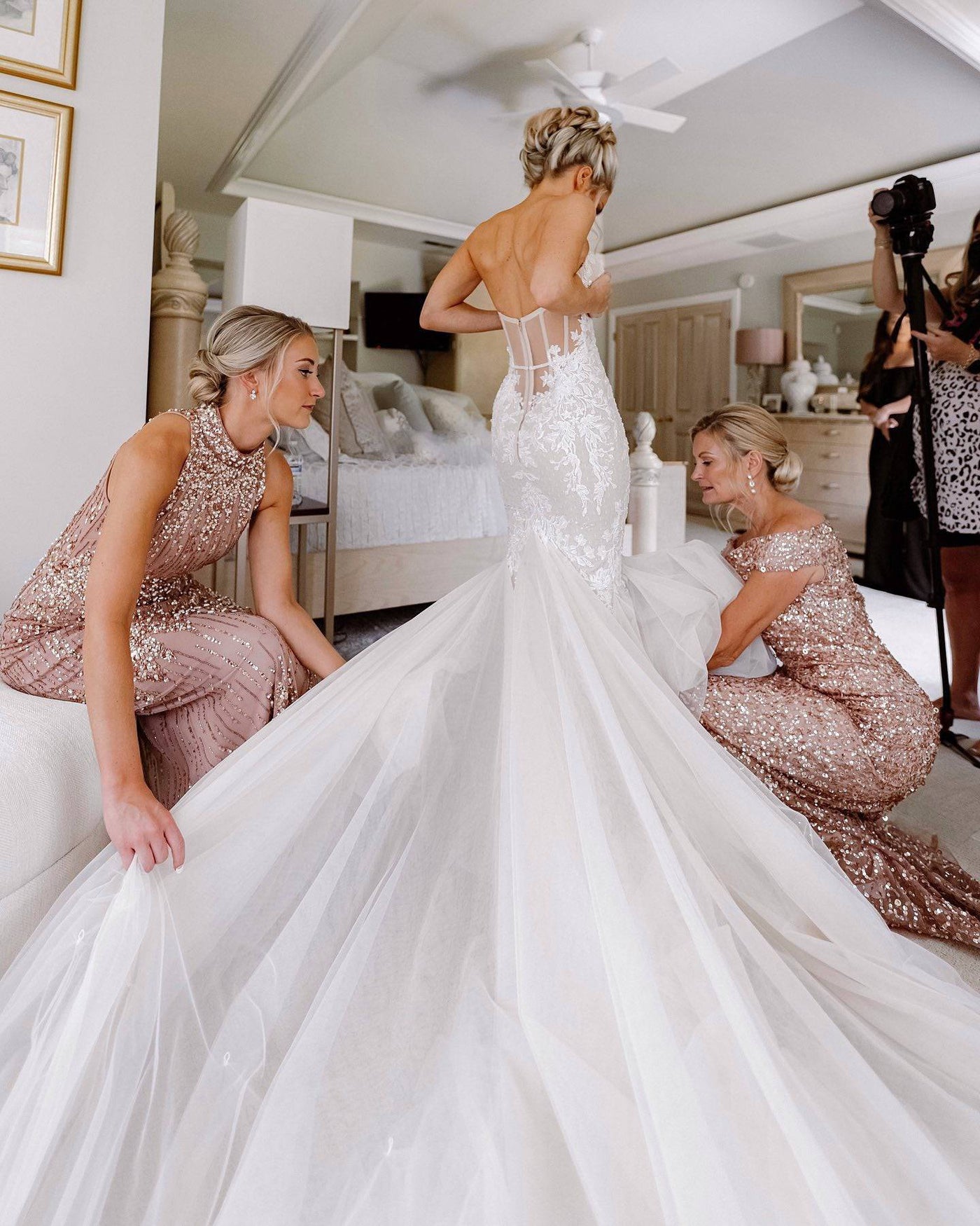 Adrianna Papell Beaded Column Gown with Mock Neckline in Rose Gold