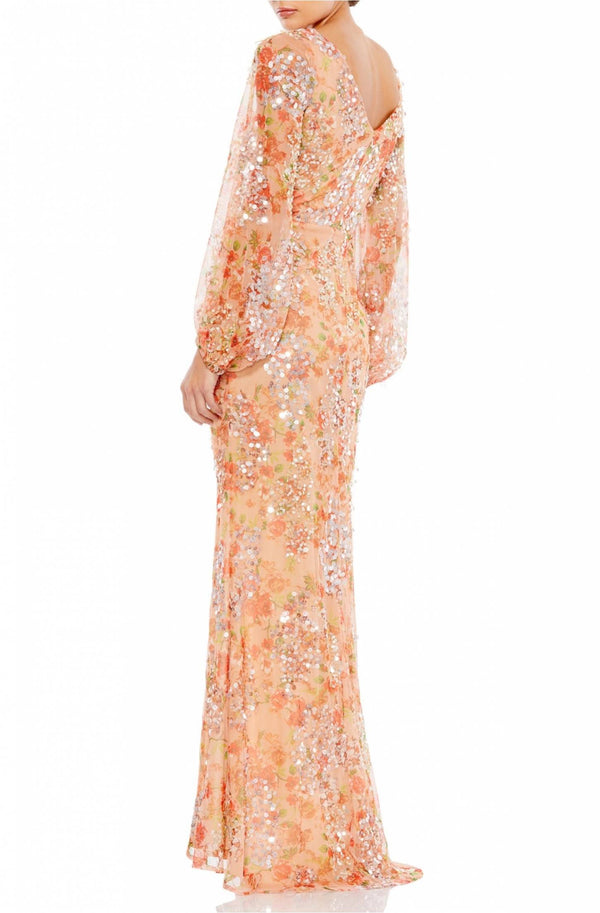 Mac Duggal - Apricot Sequined Floral Print Gown